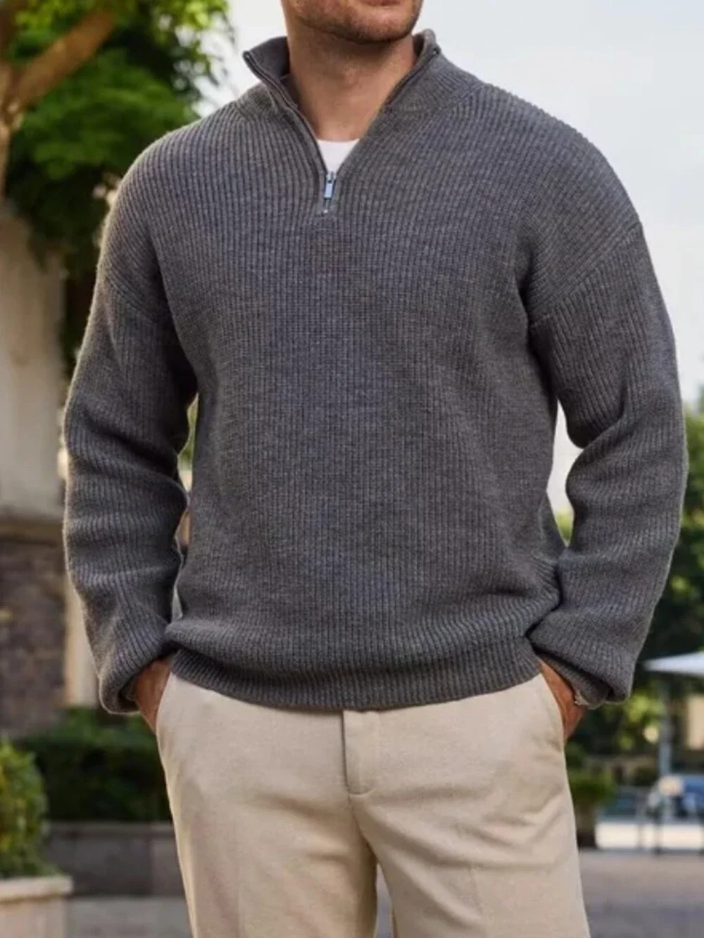 Men’s Gray Ribbed Quarter-Zip Sweater | New in Packaging